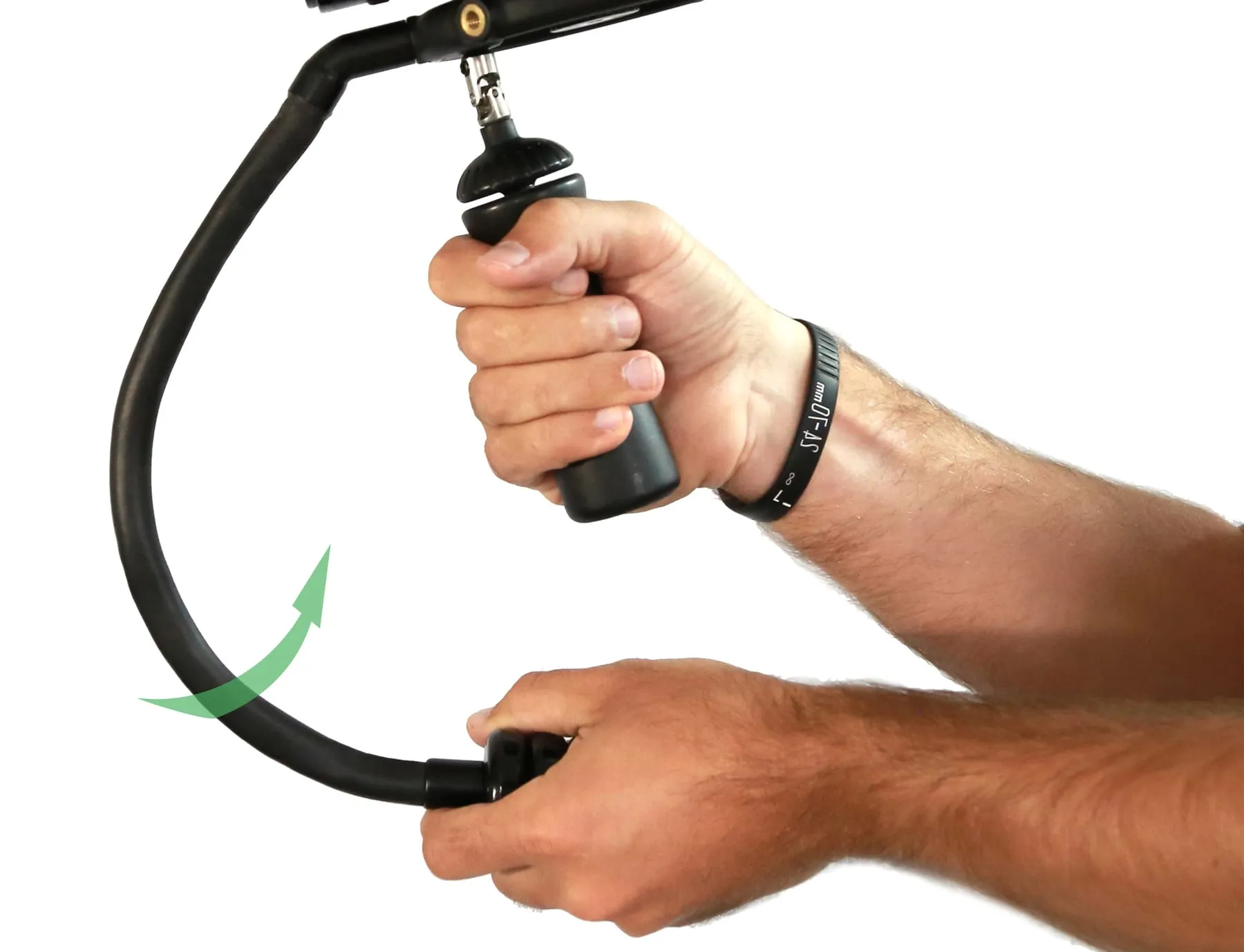 Hands bending the FloCam’s flexible counterweight arm
