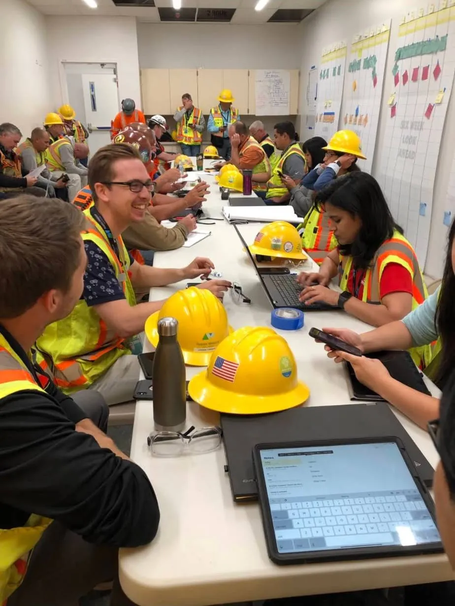 Builders in hard hats and vests along a table, planning boards on the wall