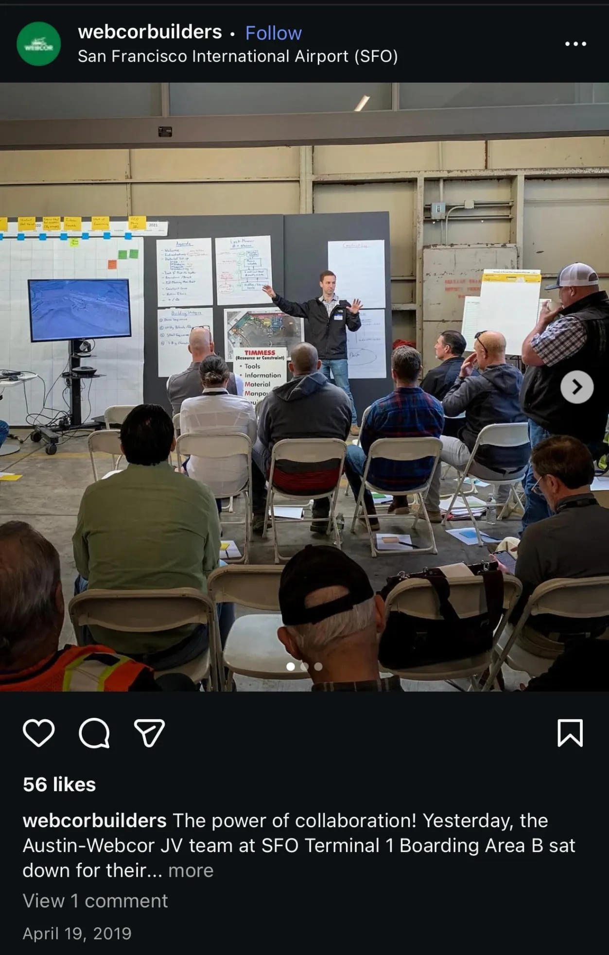 Webcor’s Instagram post from SFO: Chris presenting at a planning wall to a room of builders, captioned “The power of collaboration!”